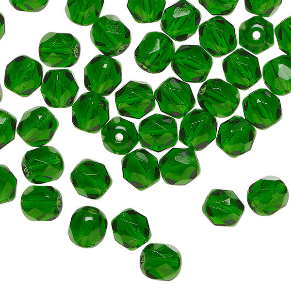 Bead, Czech fire-polished glass 1pkg1200, translucent emerald green, 6mm faceted round. image number 0