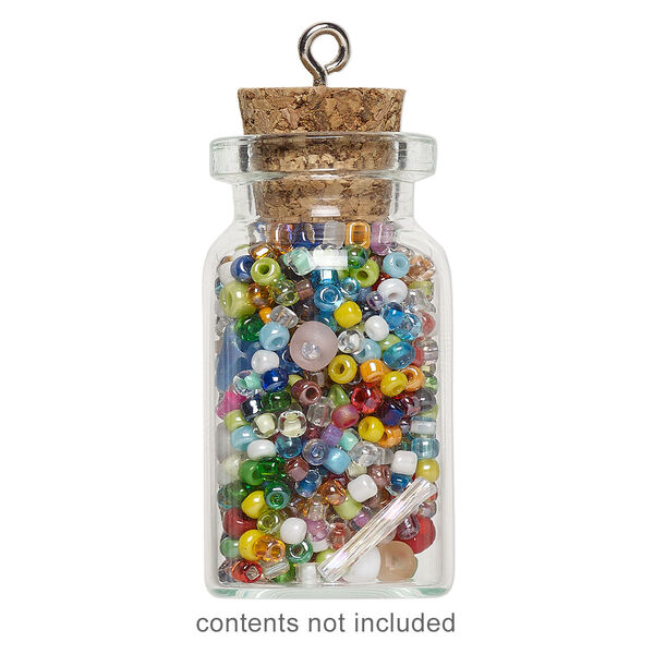 Component, glass / cork / nickel-finished steel, clear, 40x22mm bottle with stopper and screw eye. Sold per pkg of 10. image number 0