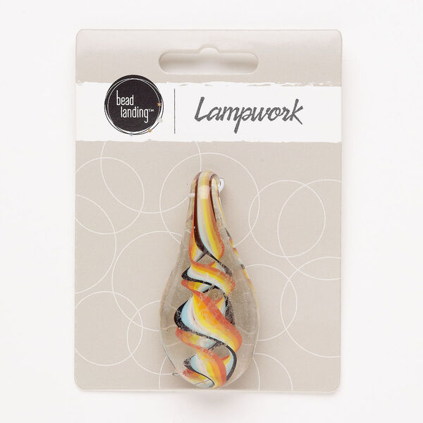Focal, lampworked glass, pkg/1, 51x26mm-54x28mm teardrop, opaque and transparent multicolored with swirl design. image number 0