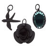 Focal / charm / drop, glass / steel / "pewter" (zinc-based alloy), black and blue, 26x19mm faceted oval / 28x27mm matte bird / 30x29mm matte rose. Sold per pkg of 3. image number 1