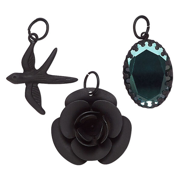 Focal / charm / drop, glass / steel / "pewter" (zinc-based alloy), black and blue, 26x19mm faceted oval / 28x27mm matte bird / 30x29mm matte rose. Sold per pkg of 3. image number 1