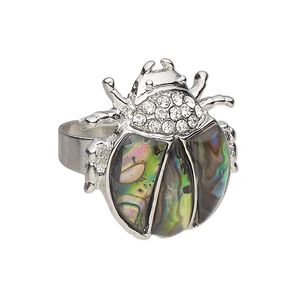 Ring 1pkg1 brass / paua shell / glass rhinestone, 26x25mm ladybug, natural silver finish / clear