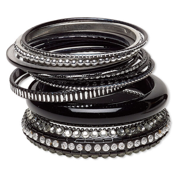 Bracelet, bangle, resin / aluminum / brass / painted wood / silver-coated plastic, black with glitter, 2-17mm wide, 7-1/2 to 8-1/2 inches. Sold per 13-piece set. image number 0