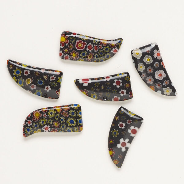 Component, millefiori glass, opaque black and multicolored, 26x13mm-30x15mm undrilled talon. Sold per pkg of 6. image number 0