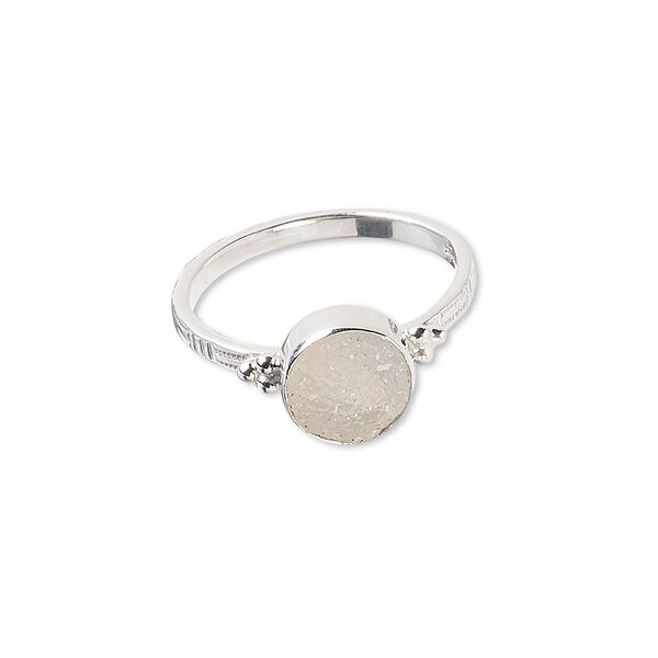 Ring, white druzy agate (natural) and sterling silver, 9mm round with 8mm round, size 7-1/2 to 8. Sold individually. image number 0