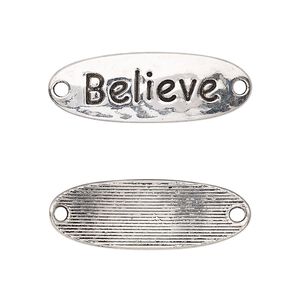 Link, antique silver-finished "pewter" (zinc-based alloy), 30x10.5mm single-sided curved hammered flat oval with "Believe." Sold per pkg of 2.