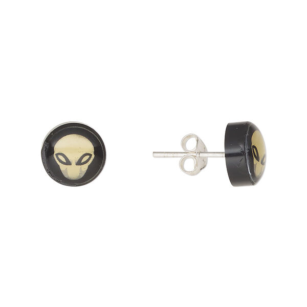 Earstud, Everyday Jewelry, sterling silver and acrylic, black and light yellow, 9mm round with alien. Sold per pair. image number 0