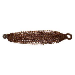Bracelet, 22-strand, nylon / glass / antique brass-plated "pewter" (zinc-based alloy), brown and silver-lined bronze, 35mm wide with woven design, 6-1/2 inches with Chinese coin replica button clasp. Sold individually.