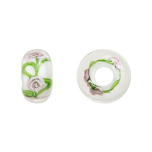 Bead, lampworked glass, opaque white and multicolored, 16x9mm rondelle with rose. Sold per pkg of 4.
