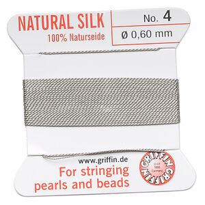 Thread, Griffin, silk, grey, size #4. Sold per 2-meter card (approximately 78 inches).