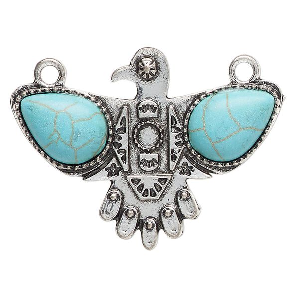 Focal, antique silver-finished "pewter" (zinc-based alloy) and "turquoise" (resin) (imitation), turquoise blue, 41x31mm single-sided eagle. Sold per pkg of 2. image number 0
