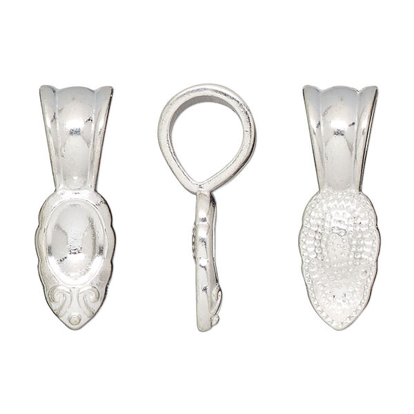 Bail, glue-on, silver-finished "pewter" (zinc-based alloy), 25.5x8.5mm leaf with 15x8.5mm pad. Sold per pkg of 10. image number 0