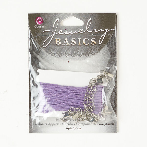 Cord and finding assortment 1pkg3, antique silver-finished steel and waxed cotton, lavender, 1mm round cord with lobster claw clasp and cord end, 4 yards. image number 0