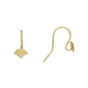 Ear wire fishhook 1pkg2 Amoracast® sterling silver, 14mm / 7x5mm leaf ginkgo / open loop / satin finish, 20 gauge "vermeil" 1 pair