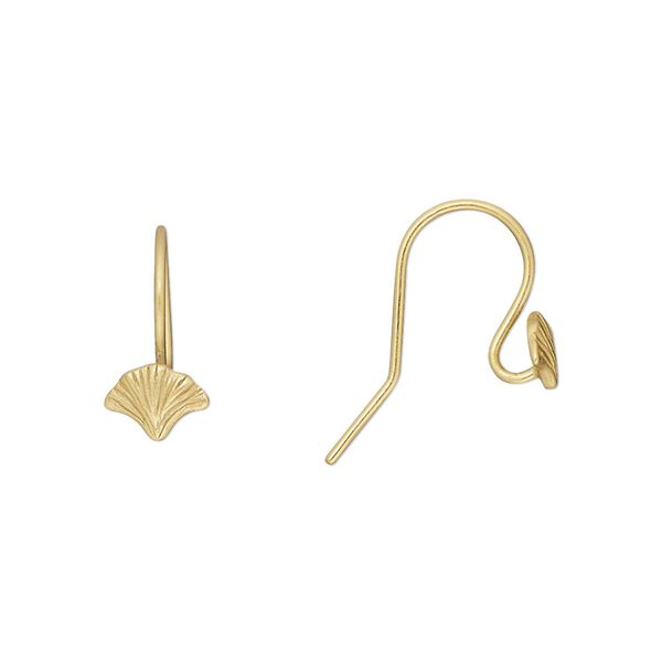 Ear wire fishhook 1pkg2 Amoracast® sterling silver, 14mm / 7x5mm leaf ginkgo / open loop / satin finish, 20 gauge "vermeil" 1 pair image number 0