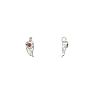 Charm 1pkg1, sterling silver and garnet, 7.5x4.5mm single-sided feather with 2mm faceted stone.