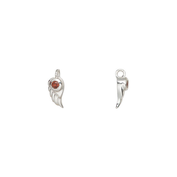 Charm 1pkg1, sterling silver and garnet, 7.5x4.5mm single-sided feather with 2mm faceted stone. image number 0