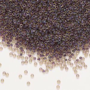 Seed bead, Miyuki, glass, pkg/35g, #15 rocaille, translucent cranberry-lined luster peridot (RR-335).