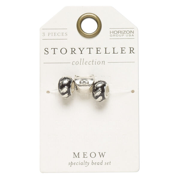 Bead mix, enamel and antique silver-finished "pewter" (zinc-based alloy), black, 12x7mm rondelle with fish design and 11mm cat with 5mm hole. Sold per pkg of 3. image number 0