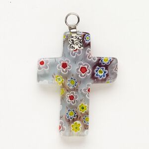 Focal 1pkg1 silver-finished steel and millefiori glass, translucent and transparent pale blue and multicolored, 30x20mm-32x24mm cross.