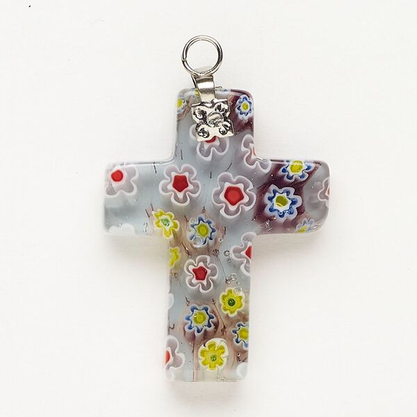Focal 1pkg1 silver-finished steel and millefiori glass, translucent and transparent pale blue and multicolored, 30x20mm-32x24mm cross. image number 0