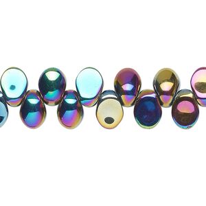 Bead, pressed glass, opaque iris multicolored, 8 x 6mm concave-back teardrop, top-drilled. Sold per 8-inch strand, approximately 55 beads.
