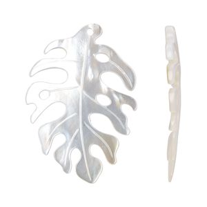 Focal, mother-of-pearl shell (bleached), 34x24mm carved leaf with cutout design, Mohs hardness 3-1/2. Sold individually.