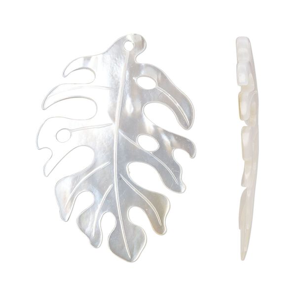 Focal, mother-of-pearl shell (bleached), 34x24mm carved leaf with cutout design, Mohs hardness 3-1/2. Sold individually. image number 0