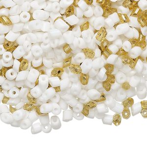 Bead mix, vintage Czech glass, silver-lined translucent gold and opaque white, 2mm-4x3mm parallelogram with 0.6mm hole. Sold per 1.5-ounce pkg, approximately 1,200 to 1,300 beads.