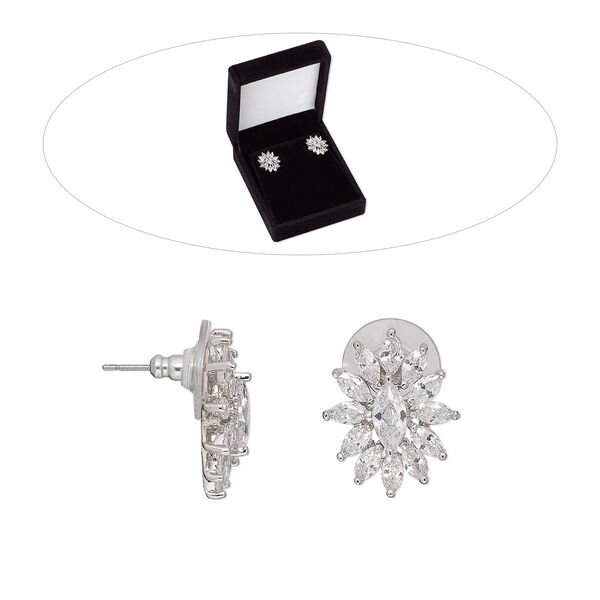 Earstud, cubic zirconia / stainless steel / rhodium-finished brass, clear, 19.5mm flower with post. Sold per pair. image number 0