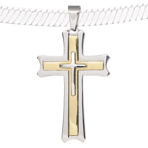 Pendant, stainless steel and gold-finished stainless steel, 57x36mm cross. Sold individually.