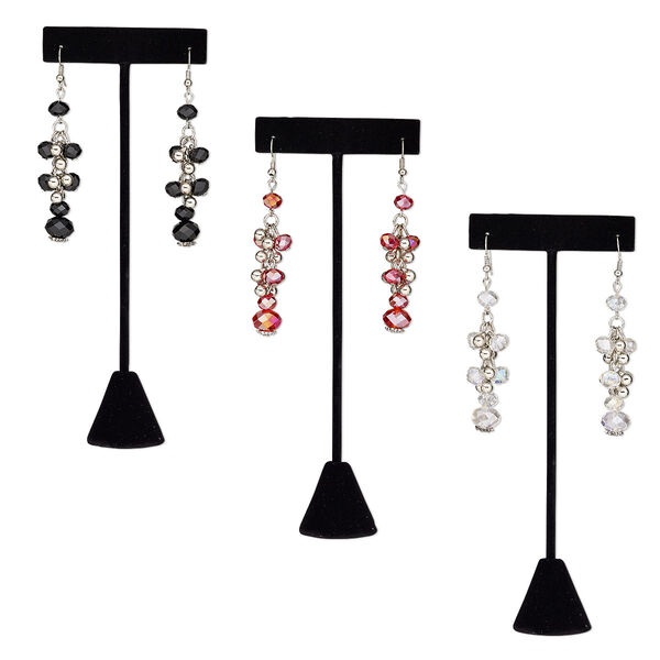 Earring, glass / imitation rhodium-coated plastic / imitation rhodium-plated steel / brass, assorted colors, 2-1/2 to 3 inches with fishhook ear wire. Sold per pkg of 3 pairs. image number 0