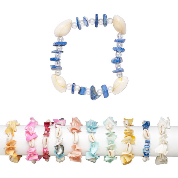 Bracelet mix, stretch, multi-shell (natural / bleached / dyed) / glass / silver-coated plastic, mixed shape, 6-1/2 inches. Sold per pkg of 10. image number 0