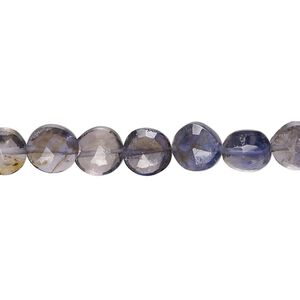 Iolite 1pkg1, hand-cut faceted puffed flat round bead 8 inch 6-8mm