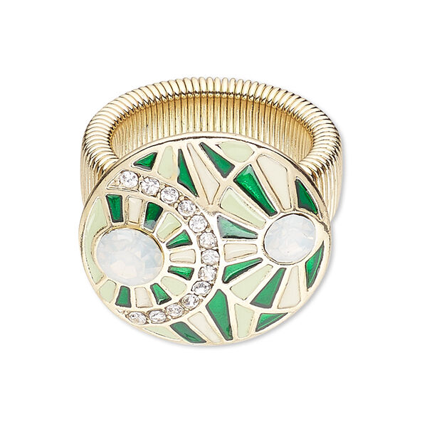 Ring, stretch, enamel / glass rhinestone / gold-finished steel / "pewter" (zinc-based alloy), multicolored, 30mm round, size 7-10. Sold individually. image number 0