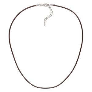 Necklace cord, imitation leather with imitation rhodium-finished steel and "pewter" (zinc-based alloy), brown, 2mm wide, 20 inches with 1-1/2 inch extender chain and lobster claw clasp. Sold per pkg of 10.