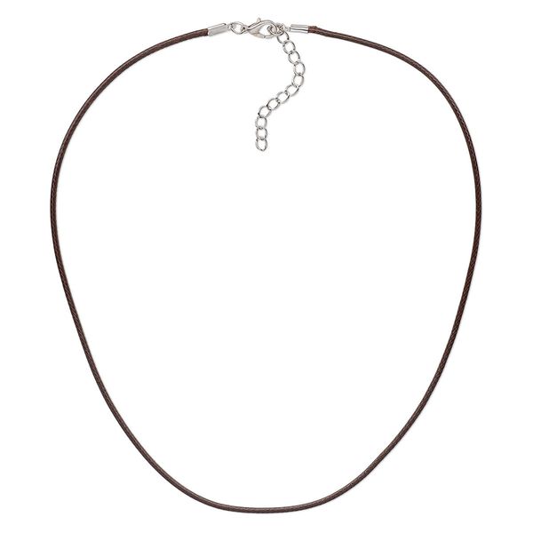 Necklace cord, imitation leather with imitation rhodium-finished steel and "pewter" (zinc-based alloy), brown, 2mm wide, 20 inches with 1-1/2 inch extender chain and lobster claw clasp. Sold per pkg of 10. image number 0