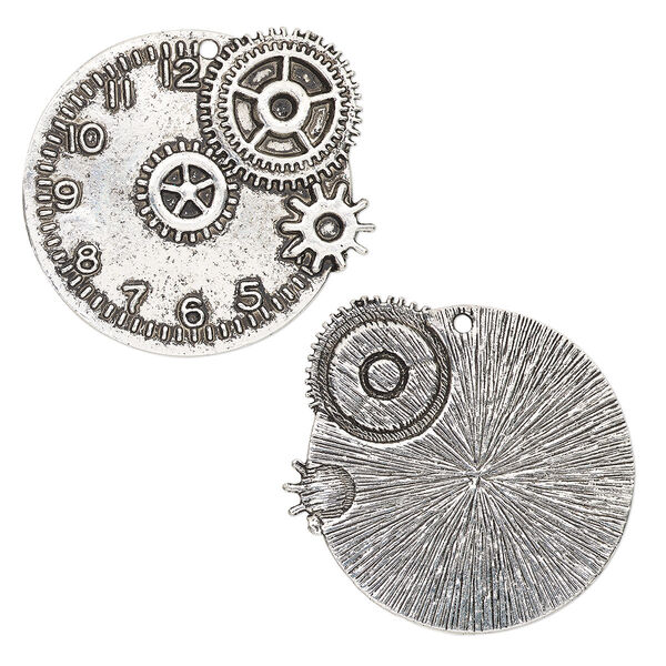 Focal, antique silver-finished "pewter" (zinc-based alloy), 47x45mm single-sided clock gears. Sold individually. image number 0