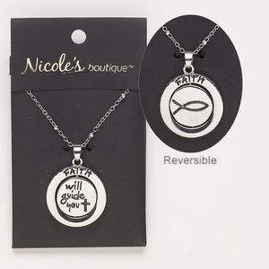 Necklace, antique silver-finished "pewter" (zinc-based alloy) and silver-finished steel, 24mm round with "FAITH" and two-sided swivel with "will guide you" and Christian fish design. 24 inches with 2-inch extender chain and lobster claw clasp. Sold individually.