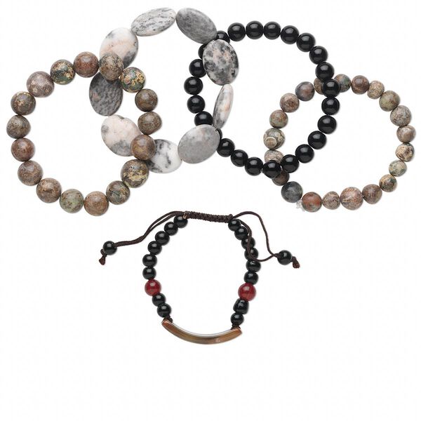 Multi-gemstone / glass / nylon 1pkg5, mixed shape bracelet 5.5-8 inch mix 8-16mm wide image number 0