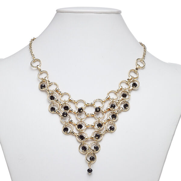 Necklace, glass with gold-finished steel and "pewter" (zinc-based alloy), black, 24 inches with 1-1/2 inch extender chain and lobster claw clasp. Sold individually. image number 0