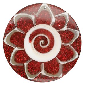 Focal, tapestry turban shell (assembled), red, 40mm top-drilled round with flower, Mohs hardness 3-1/2. Sold individually.