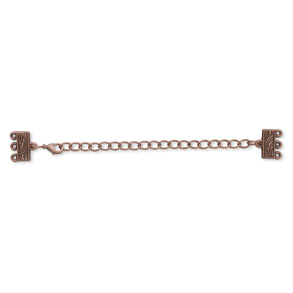 End bar, antique copper-finished "pewter" (zinc-based alloy), 32x13mm with 13x6mm 3-strand rectangle and 3-inch extender chain with lobster claw clasp. Sold per pkg of 6. image number 0
