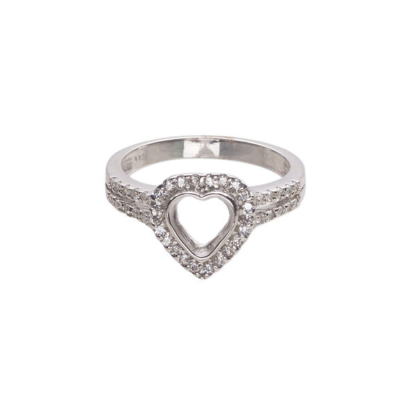 Ring, cubic zirconia and rhodium-plated sterling silver, clear, 11.5mm wide with open back and 6mm heart glue-in setting, size 7. Sold individually. image number 0