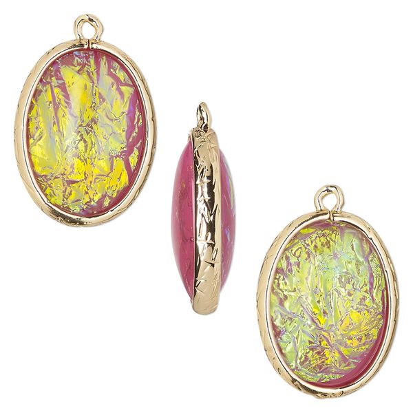 Drop, Opalized Ice™, "opal" (resin) and gold-finished brass, light purple, 20x15mm double-sided oval. Sold per pkg of 4. image number 0