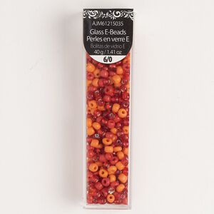 Seed bead mix, glass, pkg/40g, #6 round, opaque and translucent silver-lined red-orange and orange.