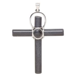Pendant, blackstone (dyed) and sterling silver, 44x24mm-50x39mm cross. Sold individually.