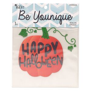 Vinyl 1pkg1, pumpkin / "Happy Halloween" iron-on transfer orange / black / green 5.75x5.5 inch