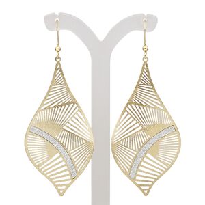 Earring, gold-finished brass, silver with glitter, 3 inches with scratched kite and cutout design with fishhook ear wire. Sold per pair.