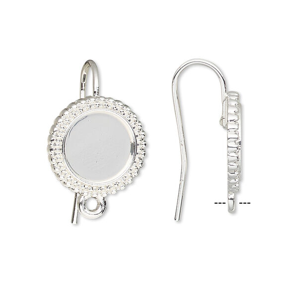 Ear wire, silver-finished brass, 21mm fishhook with 10mm beaded round setting and closed loop, 18 gauge. Sold per pkg of 5 pairs. image number 0